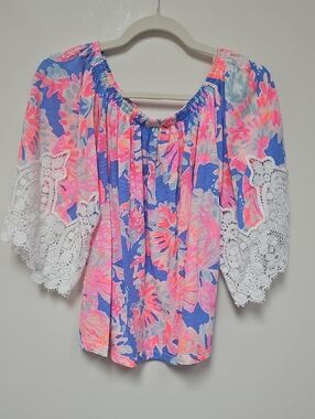 Lilly Pulitzer Floral Off-Shoulder Tunic in Pink & Blue with White Lace